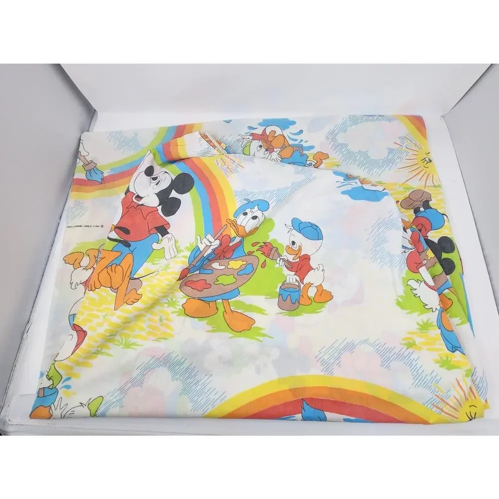 Vtg Mickey Mouse Twin Sheet Set Donald Duck Pluto Painting Rainbow 3pc Disney
